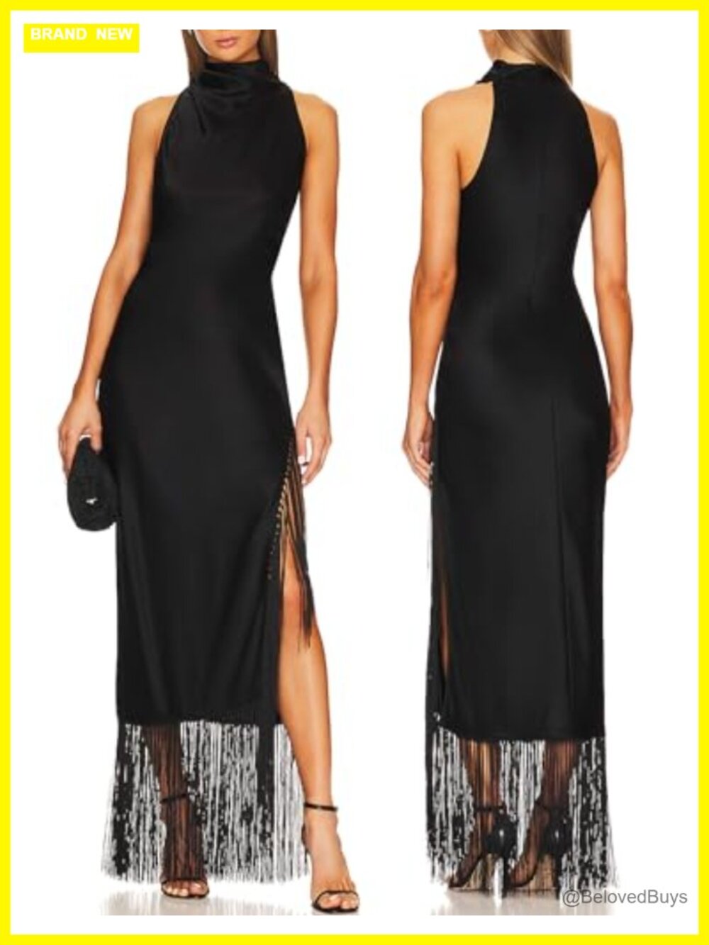 Women Gatsby Vintage Flapper Maxi Dress Halter Tassel Hem Slit Gown